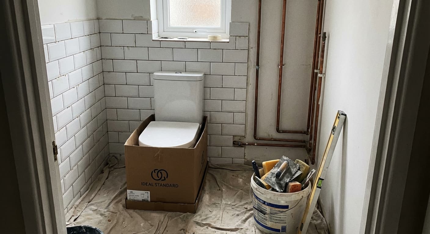 Modern bathroom mid-renovation with tools and materials laid out on the floor