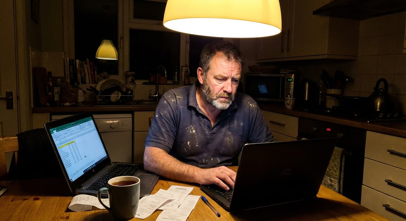 Tradesman at a kitchen table with a laptop open showing financial records alongside a cup of tea