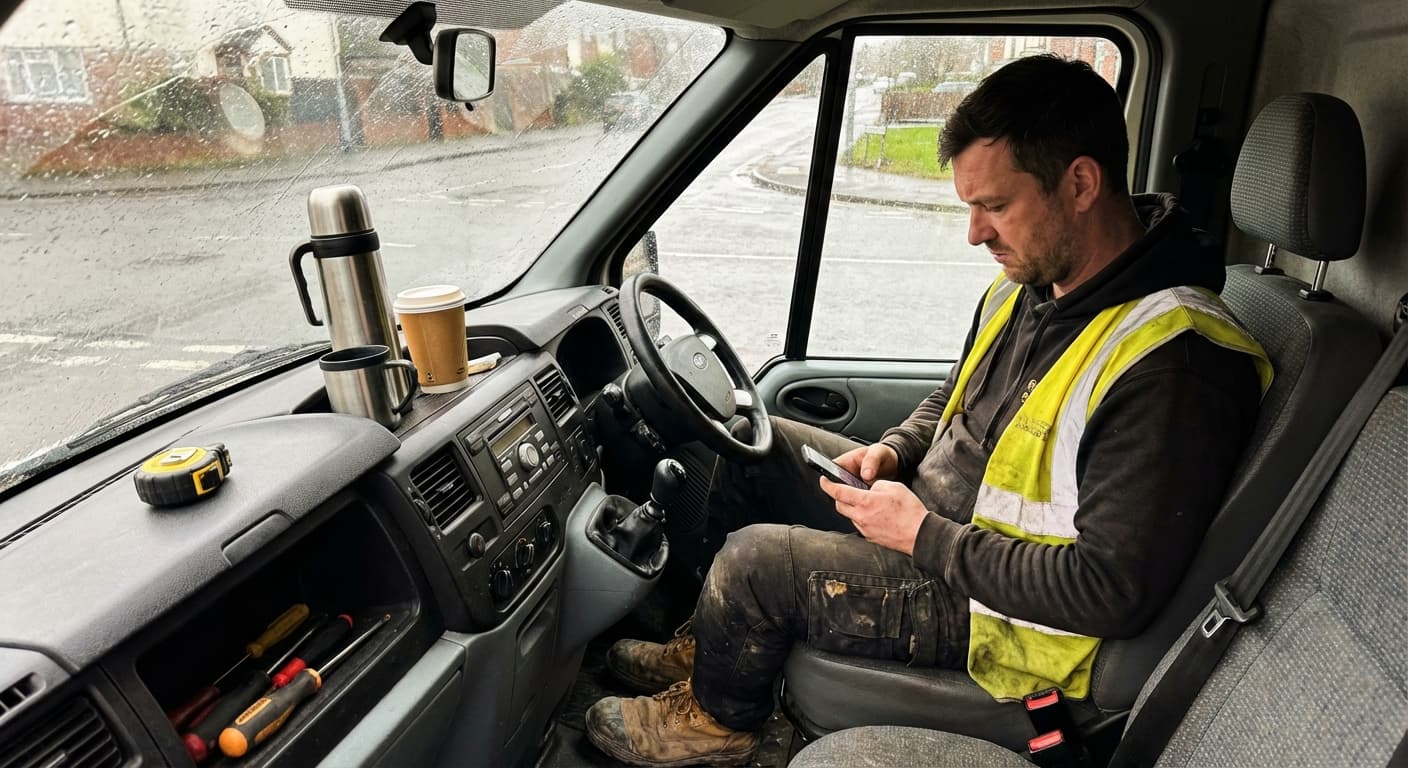 UK tradesman reviewing a quote on his phone while sitting in his work van